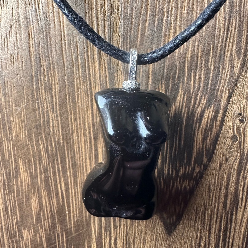Black Obsidian Lady Body Pendant Necklace on Black Rope, Sterling Silver Bail - Picture 5 of 14